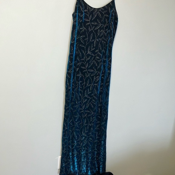 Jessica McClintock Gunne Sax Floral Blue Silver Iridescent Maxi Slip Dress - Picture 3 of 6